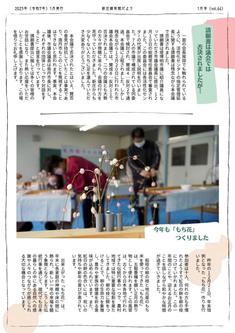 京都府南丹市八木町新庄地区の地域情報紙「新庄郷育館だより」の2025年1月号裏面です