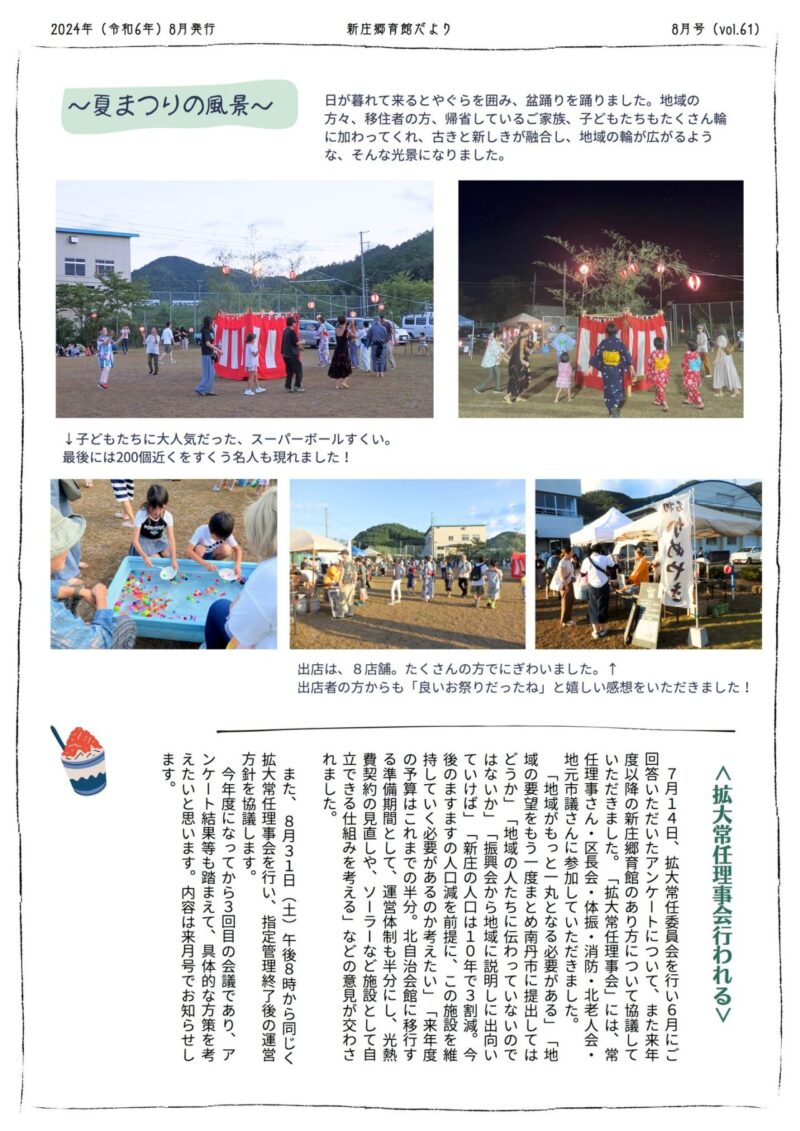 京都府南丹市八木町新庄地区の地域情報紙「新庄郷育館だより」の2024年8月号裏面です